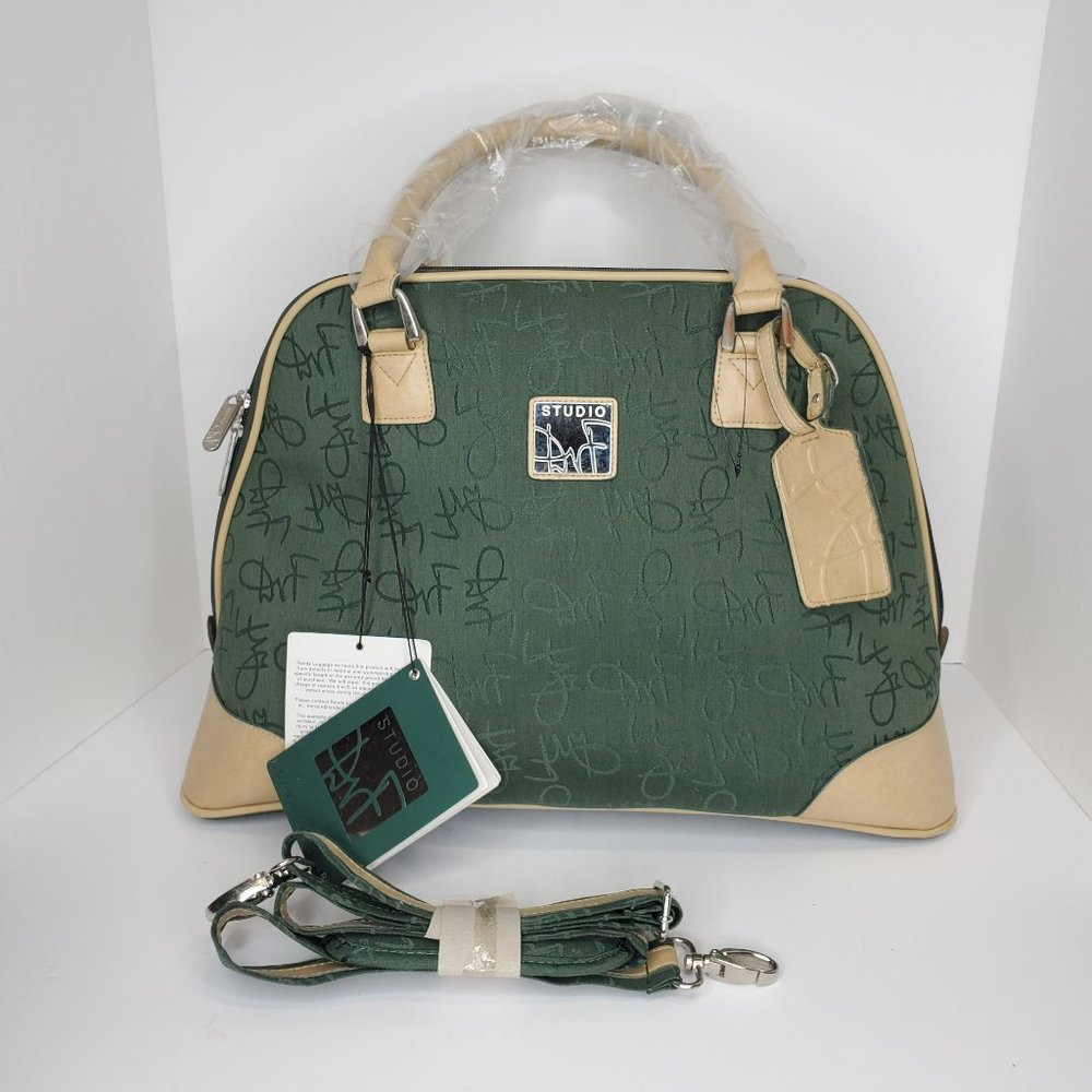 Studio By Diane Von Furstenberg Green Monogram Travel Tote Laptop Weekend Bag.